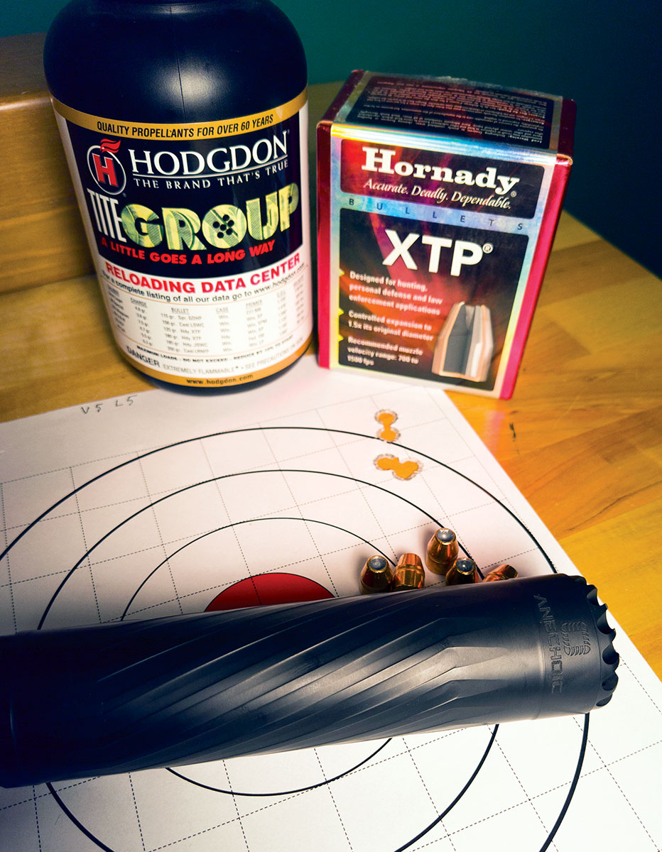 An Anechoic Compact AnechoX 45 suppressor was used throughout testing, reducing recoil and noise while making the entire experience much more pleasant. Hodgdon  Titegroup is an excellent choice for mild 44 Magnum  practice loads as the powder is not position sensitive and is capable of delivering excellent accuracy with the right charge weight and bullet combination.